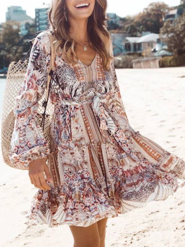 V-Neck Printed Long Sleeve Patchwork Dress Elegant Long Evening