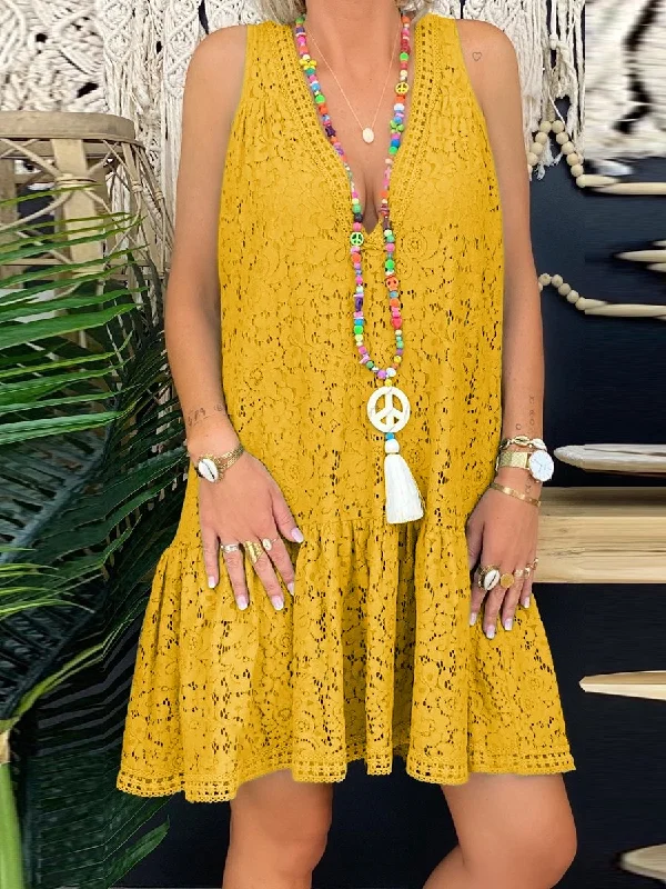 Casual V Neck Hollow Out See-Through Sleeveless Splicing Pleated Casual Dress Tunics Occasion special Casual V Neck Hollow Out See-Through Sleeveless Splicing Pleated Casual Dress Tunics Occasion special