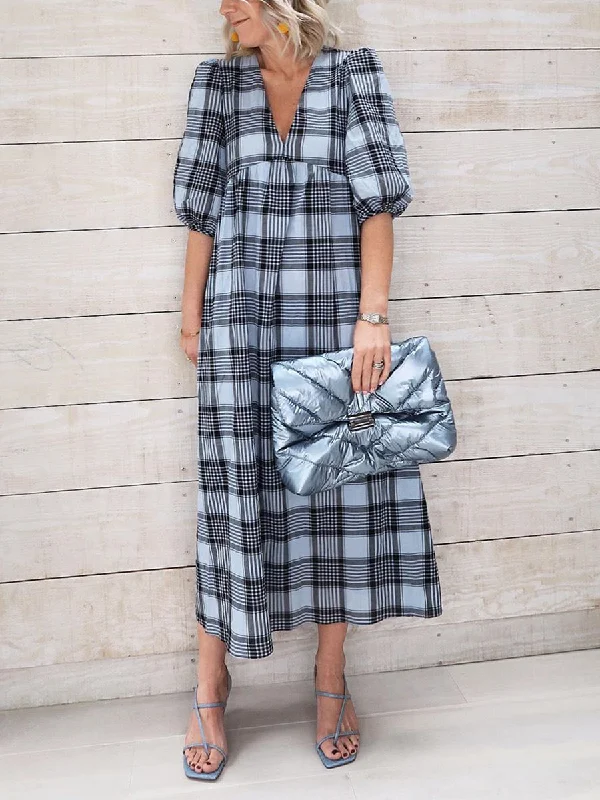 Plaid Printed Deep V-Neck Loose Casual Dress Tunics Luxurious premium