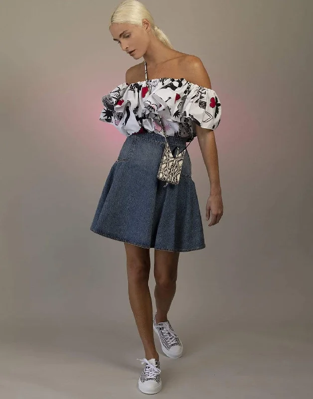 Flared Denim Mini Skirt ruffled skirt detail