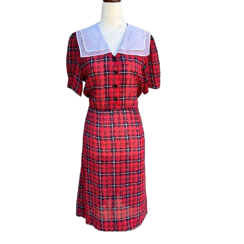 Vintage Women's 70s Red Plaid Semi Sheer White Sailor Collar Puff Sleeve Dress Tunics Fleece cozy