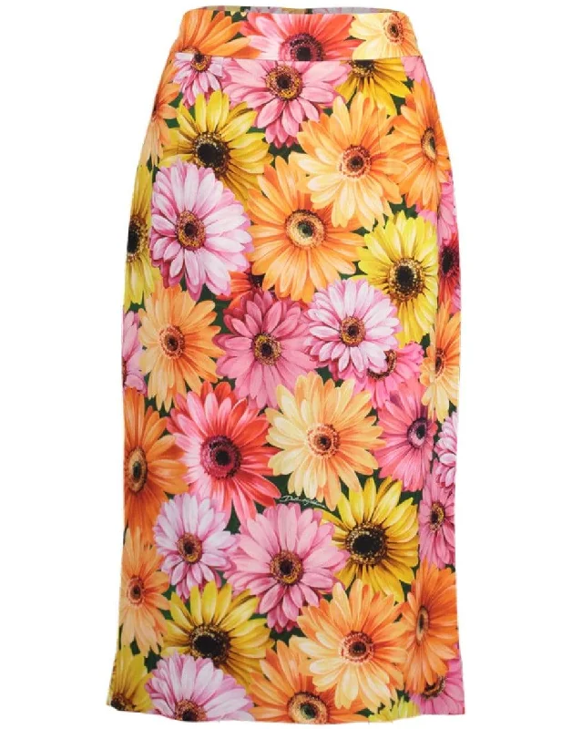 Gerbera-Daisy Print Midi Skirt denim skirt trendy