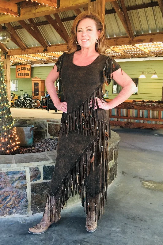 Distressed Brown Criss Cross Fringe Skirt chiffon skirt airy