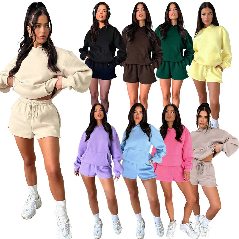 Solid Color Long Sleeved Shorts Hoodie Two-piece Set (CL11929) Hoodie with Bell Sleeves Flared Feminine