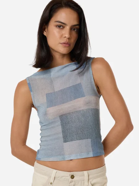 THRILLS WOMEN'S SHADES OF INDIGO MESH TANK high neck tank