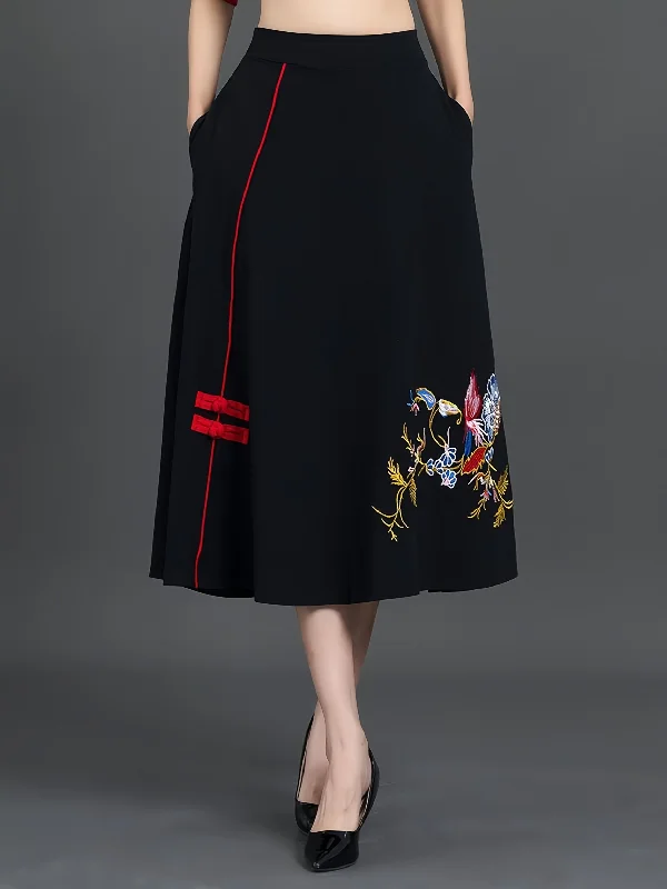 Ethnic Embroidery Large Swing Skirt Elastic Waist Embroidered Skirt With Pockets velvet skirt glossy