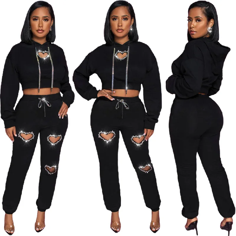 Heart shaped hollow hot diamond hoodie and pants two-piece set（CL12054） Hoodie Dress Longline Feminine