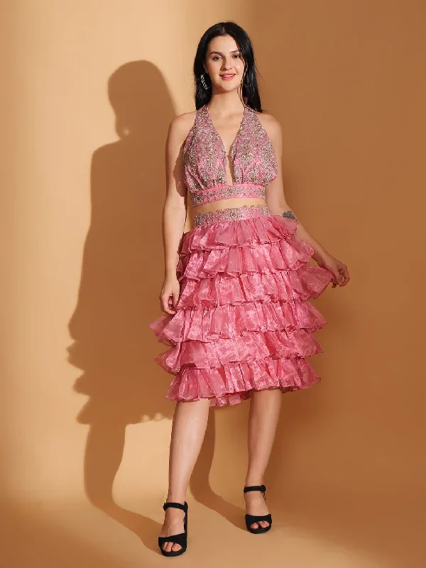 Pink Zardozi Work Top With Skirt velvet skirt sumptuous