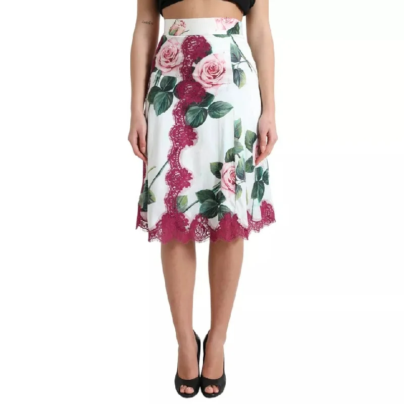 White Rose Print High Waist Midi A-line Skirt spandex blend skirt