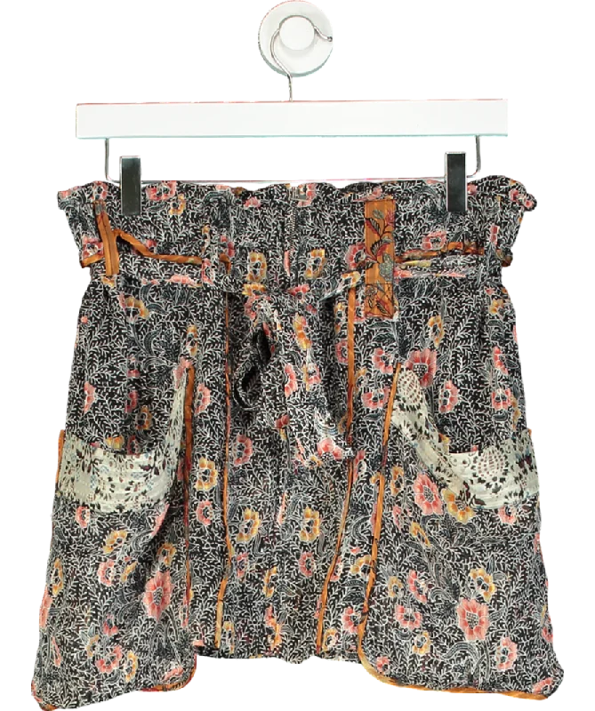 Isabel Marant Black Floral Print Silk Belted Mini Skirt UK 10 elastic waist skirt