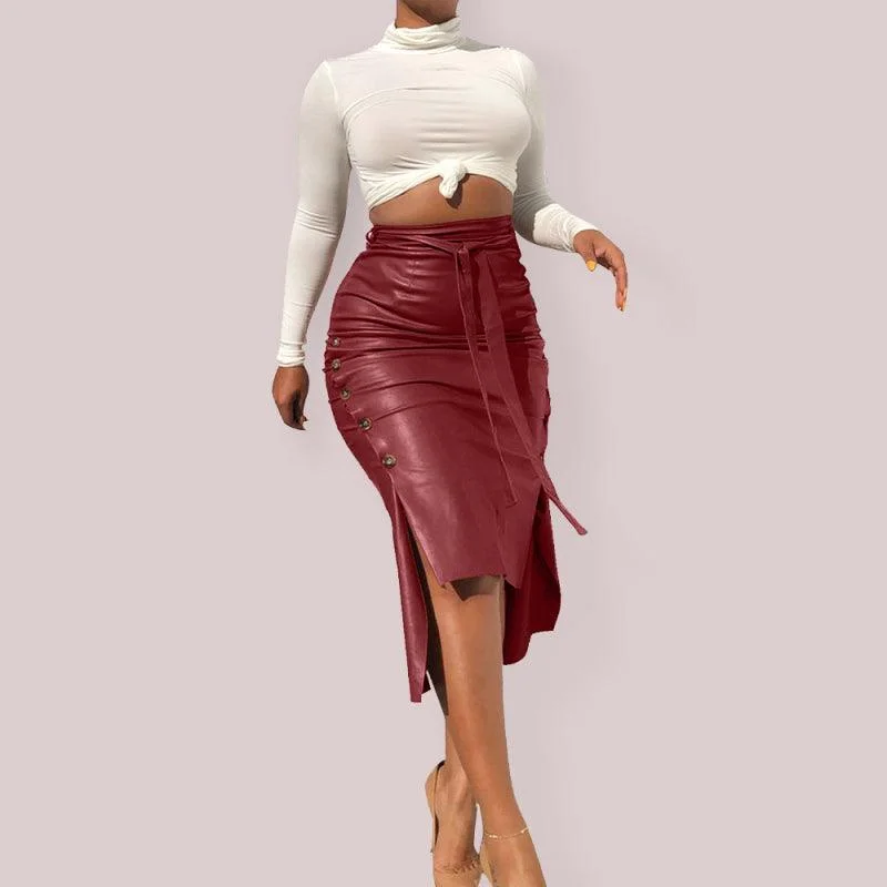 Belted Leather Pencil Midi Skirt with Slit chiffon skirt floaty