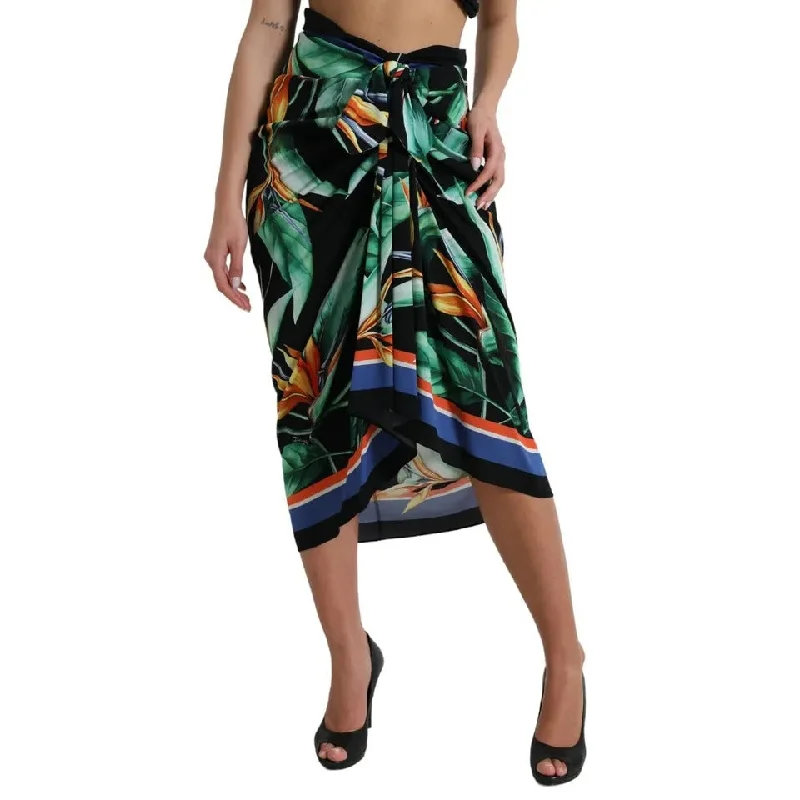 Black Strelitzia High Waist Wrap Midi Skirt high waist skirt