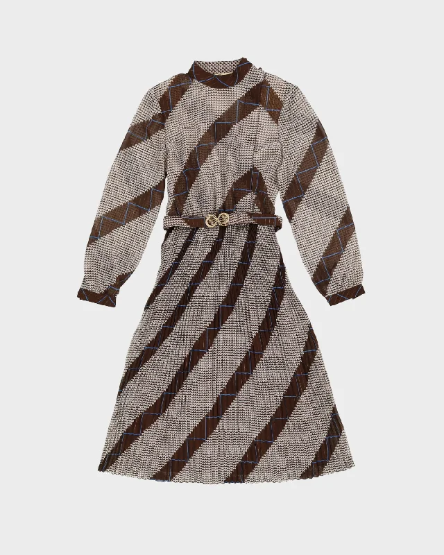 1980s Brown Patterned Pleated Tea Dress - XS / S Tunics Winter warm