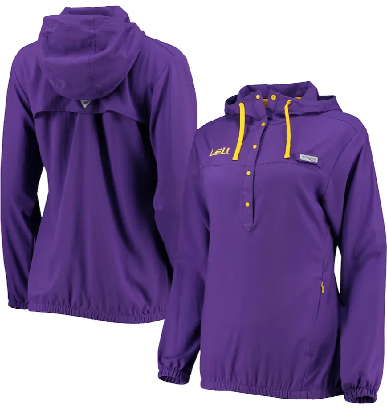 Columbia LSU Tigers Women's Purple Tamiami Sun-Protection Omni-Wick Pullover Hoodie Hoodie with Hem Applique Textured Unique