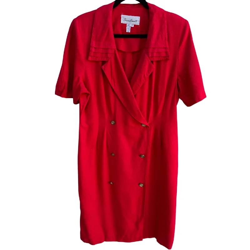 Susan Bennett Vintage Red Double-Breasted Short Sleeves Pleated Collar Dress 14 Square Neckline Feminine