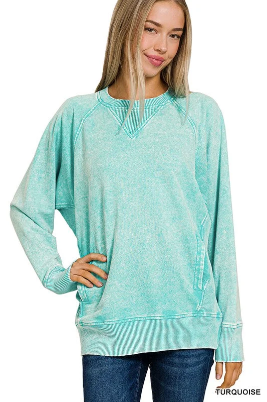 Apple Of My Eye Turquoise Pocket Pullover (Size Large) V-Neck Stylish Pullover