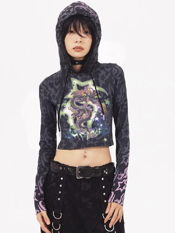 Dragon Print Short Sweatshirt【s0000005966】 Hoodie with Turtle Neck Cozy Winter