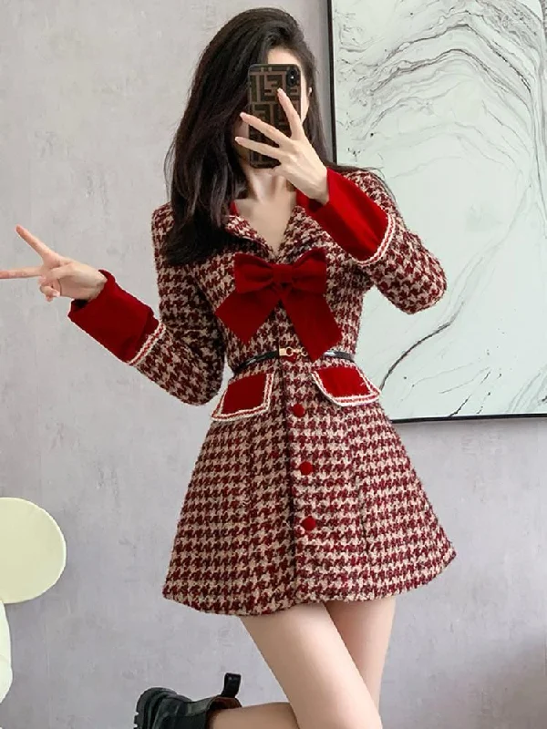 Women's Jackets High-Quality Red Houndstooth Bow Woolen Coat Dress S4787984 Herringbone Jacket Checkered Jacket Solid Jacket Women's Jackets High-Quality Red Houndstooth Bow Woolen Coat Dress S4787984 Herringbone Jacket Checkered Jacket Solid Jacket