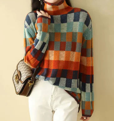 Checkerboard Wool Sweater Solid Print Embellished
