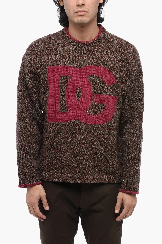 Dolce & Gabbana Crew Neck Wool Blend Pullover with Jacquard Logo Solo Sleeve Pullover