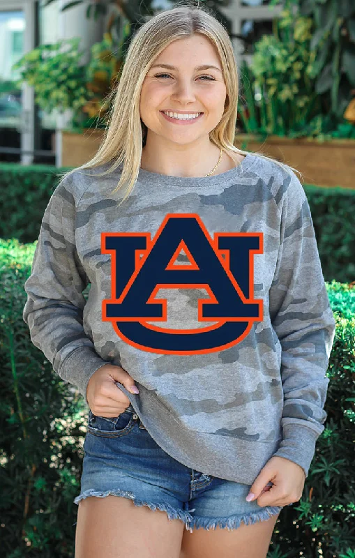 The Auburn Huddle Camo Pullover Shirred Sleeve Feminine