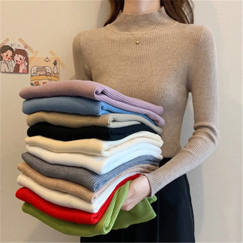 Women Pullovers Sweater Autumn Winter Turtleneck Knitted Sweater Women Tops Long Sleeve Short Slim Sweater Girls Port Neck Pullover