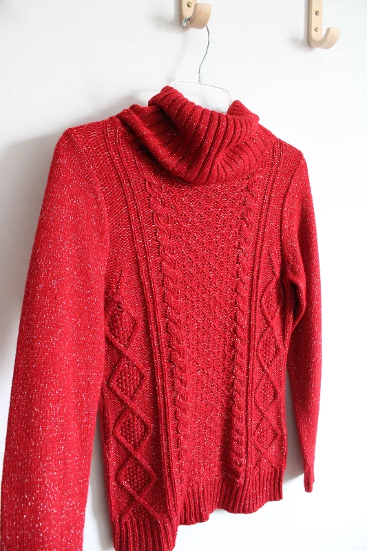 New York & Company Red Silver Shimmer Cable Knit Cowl Neck Sweater | S Mesh Blend Leather Blend Suede Blend