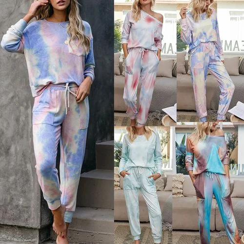 Womens Gradient Pajamas Tie-dye Long-sleeved Pullover Tops Trousers Home Two-piece Suit Open Neck Pullover