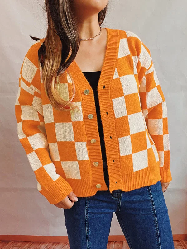 Checkerboard Contrast Single Breasted Drop Sleeve Sweater Cardigan Chenille Brocade Lace Checkerboard Contrast Single Breasted Drop Sleeve Sweater Cardigan Chenille Brocade Lace