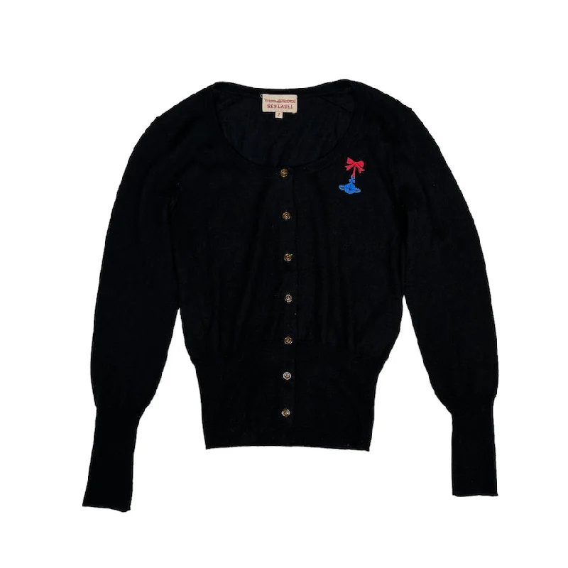 (2) VIVIENNE WESTWOOD RED LABEL ORB & RIBBON CARDIGAN - BLACK Cable Knit Ribbed Knit Lace Knit