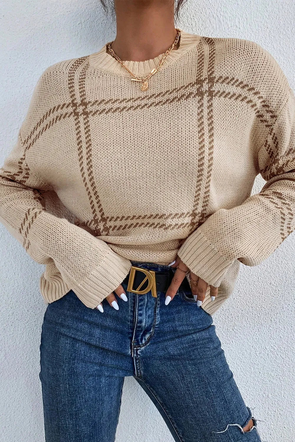 Lauren Plaid Round Neck Dropped Shoulder Sweater Soft Cozy Warm