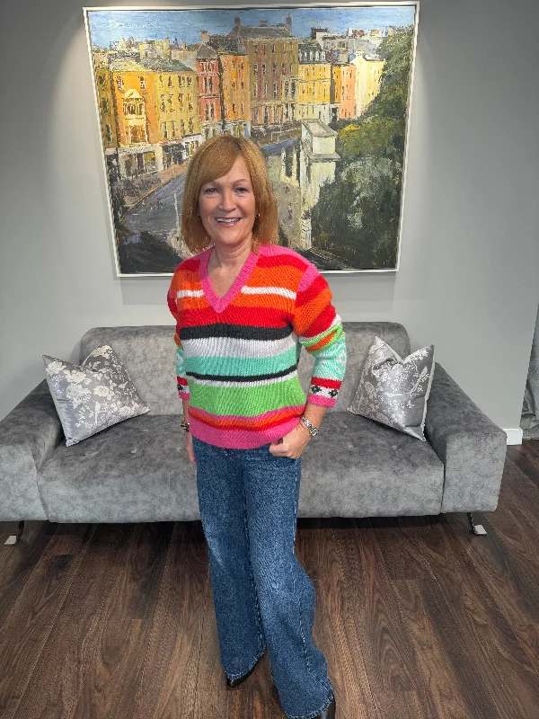GRACE Multi Coloured Stripe Sweater Boat Neck Shawl Collar Notched Collar