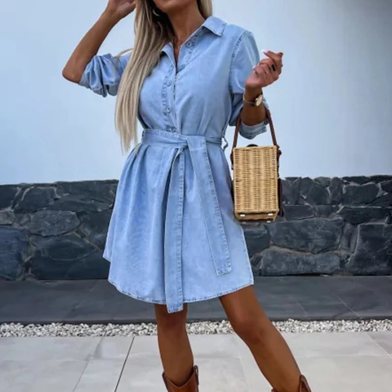 Wjczt Casual Waisted Belt A-Line Dress Fashion Solid Color Single Breasted Pullover Dress Autumn Women Long Sleeve Denim Shirt Dress Short Sleeve Top