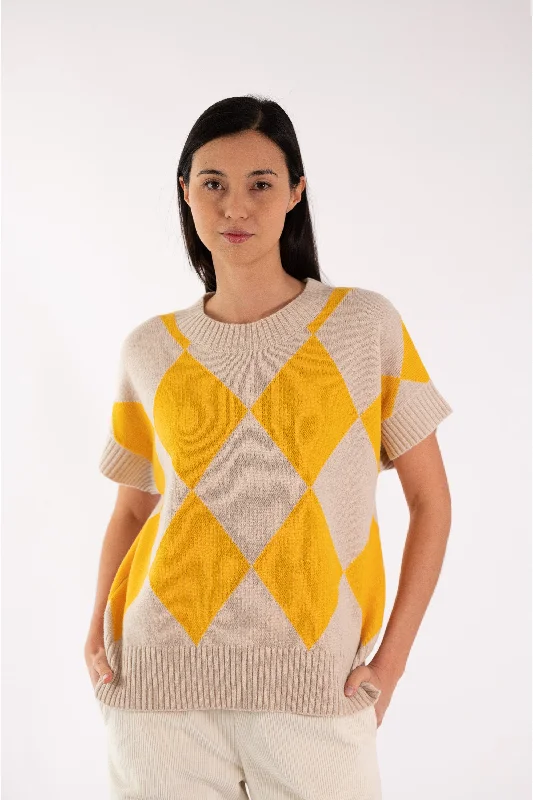 JEFF Yellow Short Sleeves Sweater Zippered Front Buttoned Front Snap Front