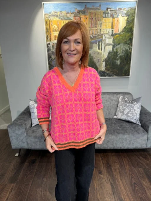 LES BLONDINETTES ORANGE AND PINK JUMPER Striped Floral Plaid