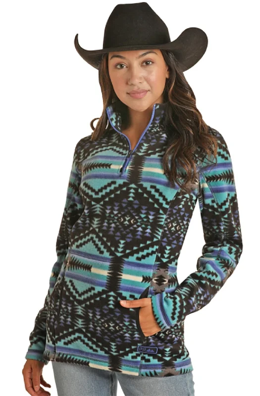 Powder River Outfitters Women's Aztec Fleece Black Pullover Jacket Bateau Neck Pullover