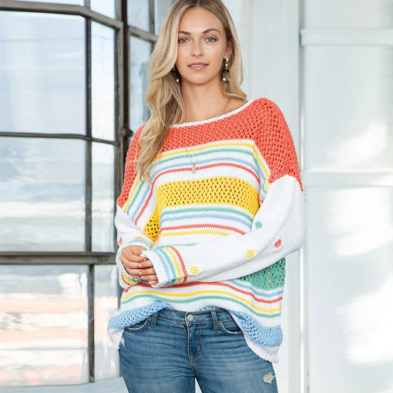 Dopamine Rainbow Sweater: Vibrant European Style Hooded Caped Shawl Collar