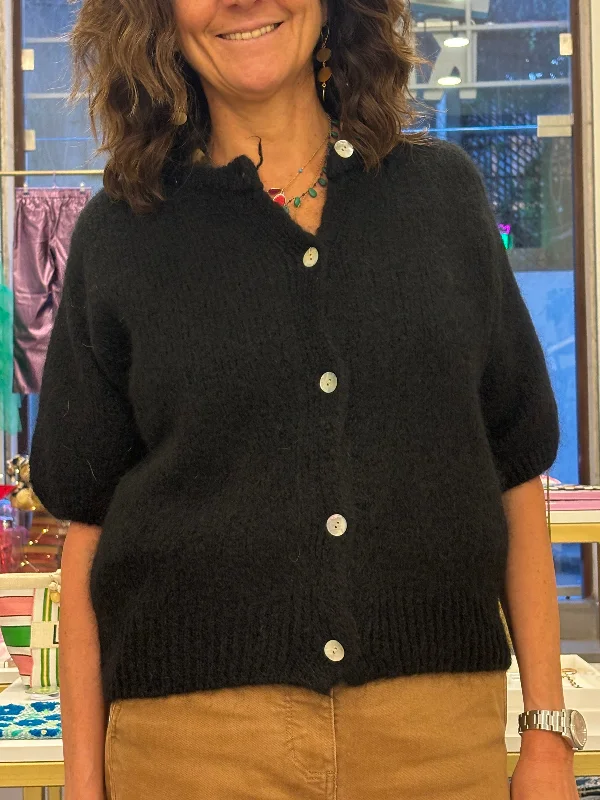 Short Sleeves black mohair Cardigan Asymmetrical,ymmetric Pencil Cardigan