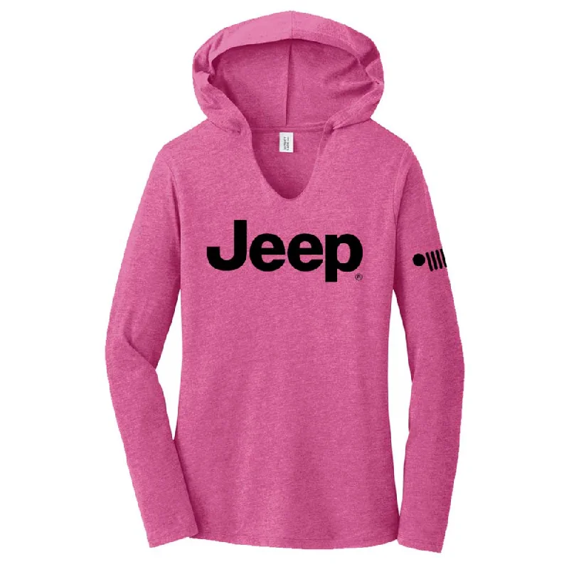 Ladies Jeep® Text Triblend Hooded Pullover - Bright Pink Heather Cold Shoulder Design