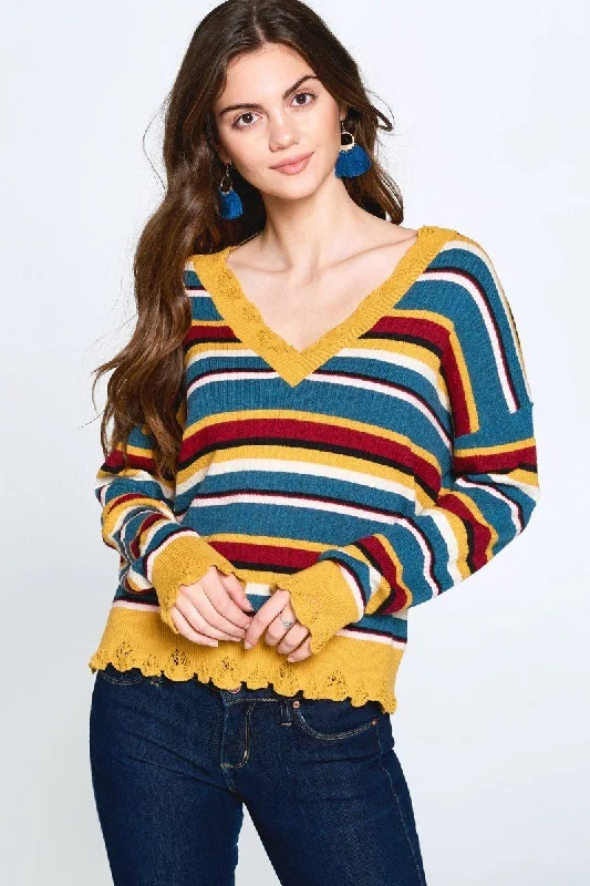 Multi-colored Variegated Striped Knit Sweater Mesh Sweater Canvas Denim