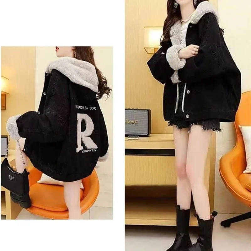 Plus Velvet Warm Hooded Denim Jackets Women Casual Letter Loose Black Jean Coats Oversize Patchwork Fleece Liner Winter Outwear S S4794977 Satin Jacket Silk Jacket Chiffon Jacket Plus Velvet Warm Hooded Denim Jackets Women Casual Letter Loose Black Jean Coats Oversize Patchwork Fleece Liner Winter Outwear S S4794977 Satin Jacket Silk Jacket Chiffon Jacket