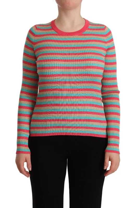 Dolce & Gabbana Elegant Striped Silk Crew Neck Women's Pullover Elbow Length Sleeve