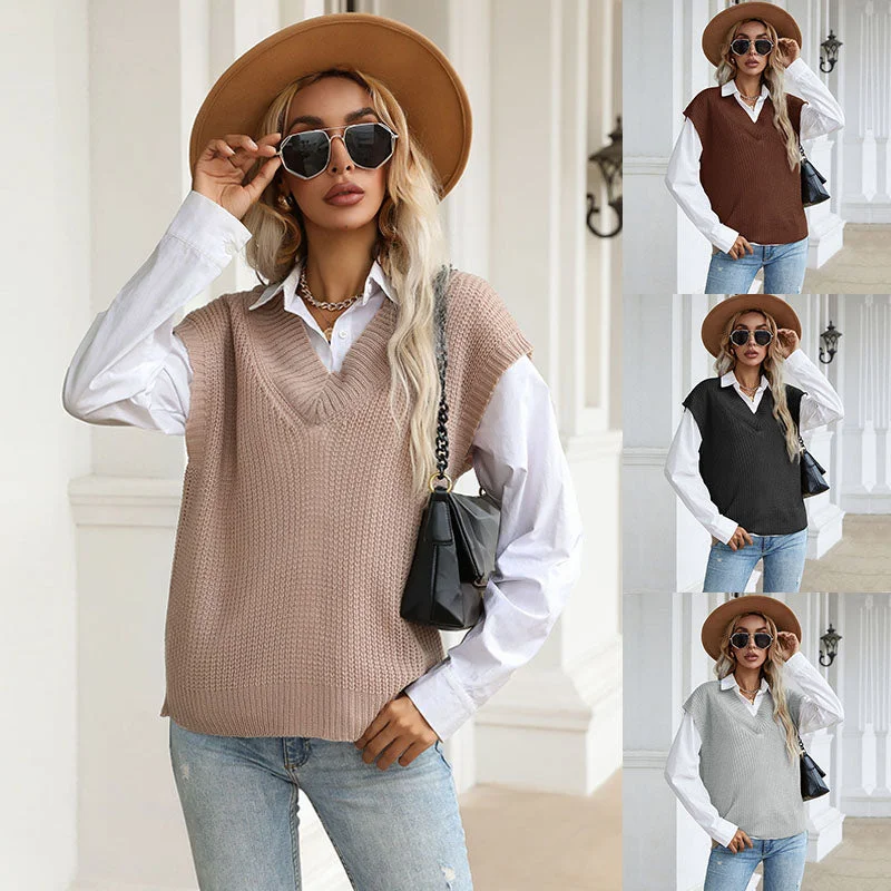 Wholesale Fall Knitted Sweaters Solid Sleeveless Women Sweater Vest Pullover Tops Wrist Length Sleeve Wholesale Fall Knitted Sweaters Solid Sleeveless Women Sweater Vest Pullover Tops Wrist Length Sleeve