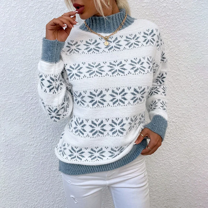 Festive Flair: Half High Neck Snowflake Sweater Blouse Spandex Blend Rayon Blend Denim Blend