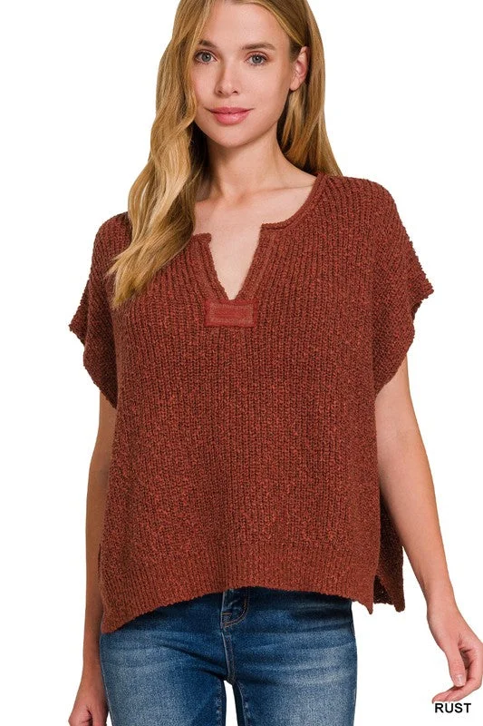 Everything Has Changed Rust Split Neck Pullover (Size L/XL) Chunky Knit Pullover