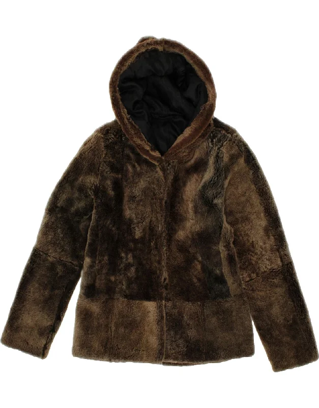 VINTAGE Womens Hooded Faux Fur Jacket UK 12 Medium Brown Belted Jacket Elasticated Jacket Padded Jacket