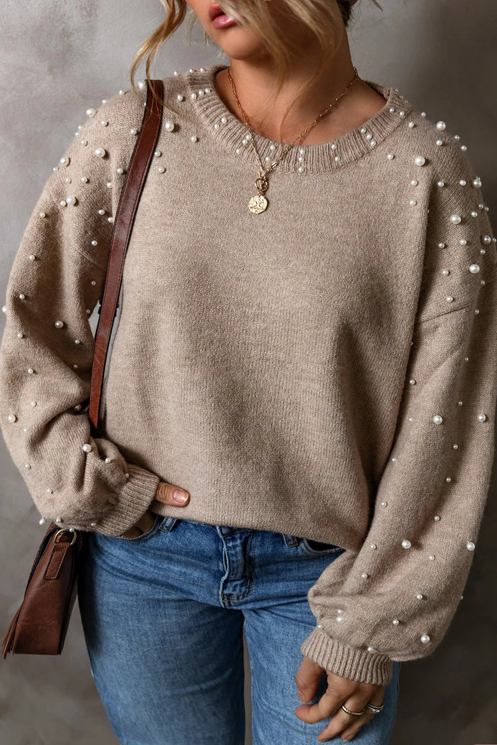 Hazel Blues® | Pearl Detail Round Neck Long Sleeve Sweater Welt Pockets Slit Pockets Flap Pockets Hazel Blues® | Pearl Detail Round Neck Long Sleeve Sweater Welt Pockets Slit Pockets Flap Pockets