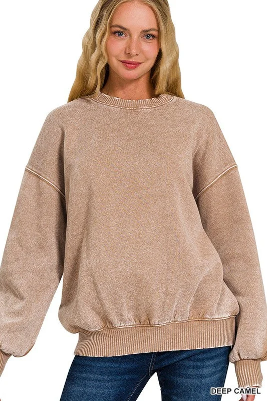 Topping It Off Deep Camel Acid Wash Pullover Crew Neck Wool