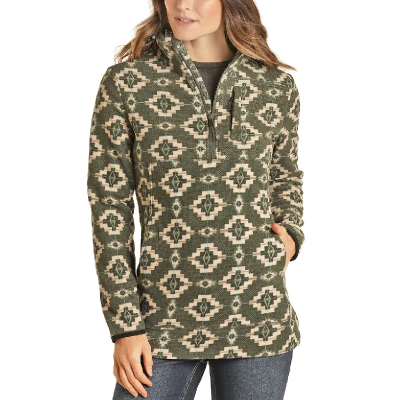 Powder River Outfitters Ladies 1/4 Zip Olive Aztec Pullover 51-1041-31 Cap Sleeve Casual