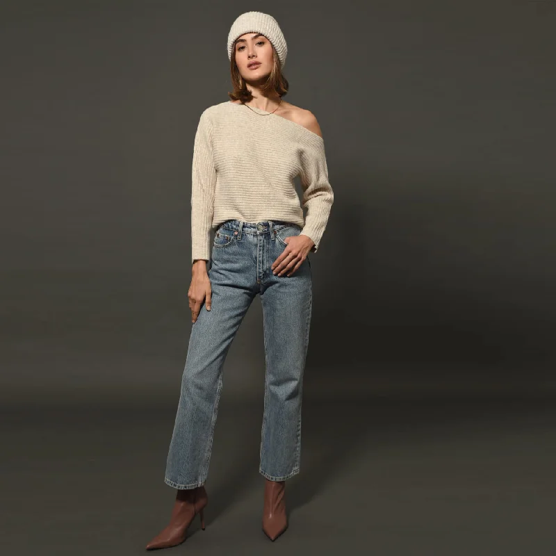Greylin Hana Off Shoulder Long Sleeve Sweater - Oatmilk Graphic Sweater Embroidered Appliqued Greylin Hana Off Shoulder Long Sleeve Sweater - Oatmilk Graphic Sweater Embroidered Appliqued